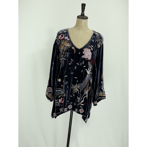 Johnny Was Tops - Johnny Was Steel Blue STUNNING Embroidered Velvet Tunic Blouse XL #0052